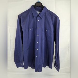Yves Saint Laurent Shirt Mens 17.5 Blue Long Sleeve Button Up Solid Ramie Blend